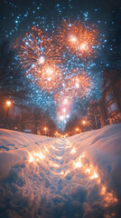 Snowy street at night with fireworks display above.