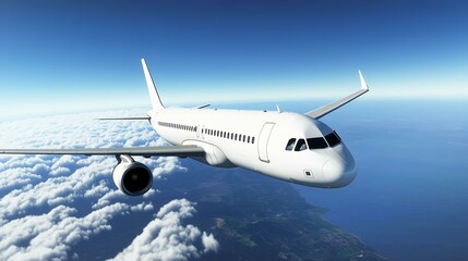 Obraz premium Modern aircraft flying over scenic clouds and ocean horizon