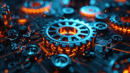 Close-up of Glowing Gears in a Complex Machine