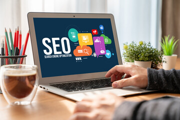 SEO search engine optimization for modish e-commerce and online retail business showing on computer...