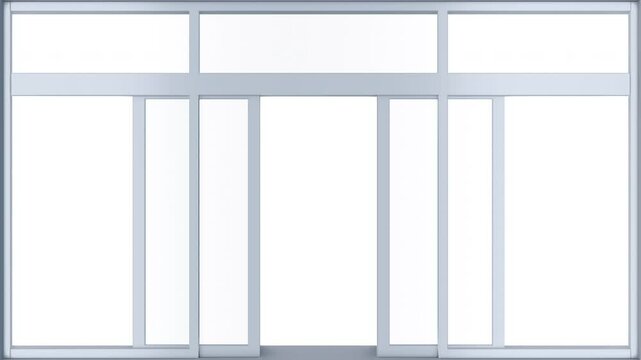 Double sliding automatic glass doors in clean interior. Entrance or exit to supermarket, train station or office. Realistic 3d animation with alpha channel.