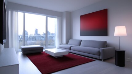 Fototapeta premium A living room with a large red rug and a white coffee table