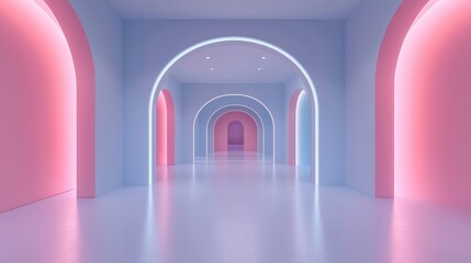 Obraz premium A long hallway with pink and blue walls and a neon light