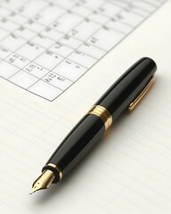 Black fountain pen rests on a paper with a grid.