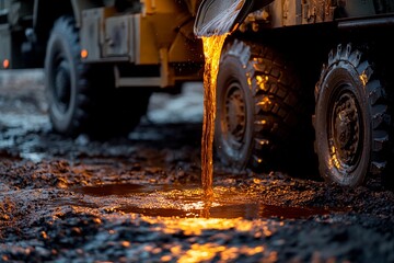 Trucks deliver liquid gold to muddy terrain at sunset in an oil extraction area. Generative AI