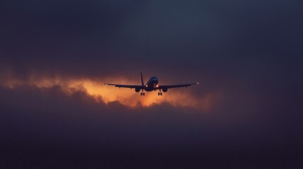 Dramatic Airplane Landing Against Fiery Sunset and Storm Clouds