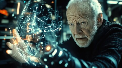 Futuristic Elder Examining Holographic Technology in Sci-Fi Setting