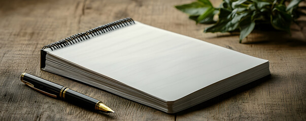 Blank spiral notepad and pen on wooden table.