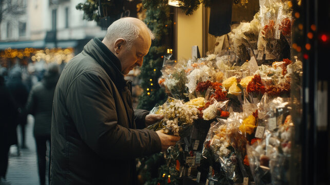 Elderly Man Choosing Flowers at Festive Outdoor Christmas Market Stall - Powered by Adobe
