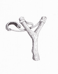 Pen and ink drawing of a slingshot