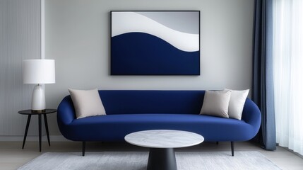 A blue couch is in a living room with a white lamp and a black coffee table
