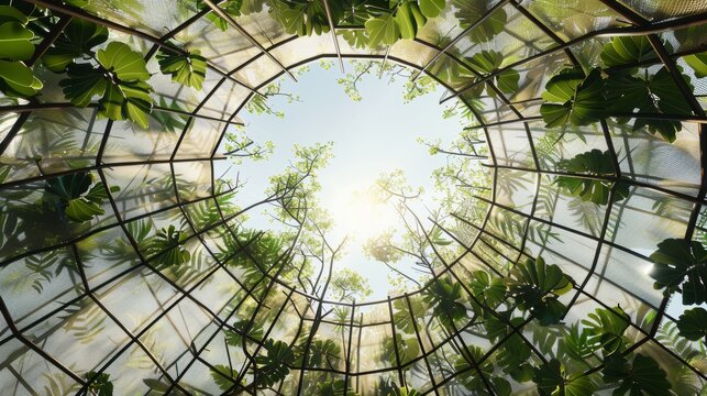 Breathtaking view of livistonia rotundifolia from below, highlighting leaf patterns against the sky