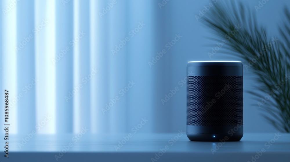 Poster a smart speaker sits on a table in front of a curtain