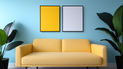 A yellow couch sits in front of a blue wall with two empty picture frames