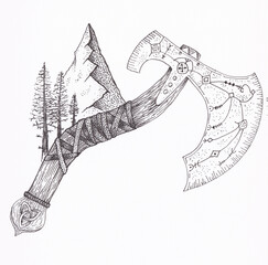 Pen and ink drawing of a viking axe with mountain and trees in the background 