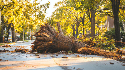 Obraz premium Large uprooted tree blocks residential road after severe weather, creating a hazardous situation for motorists