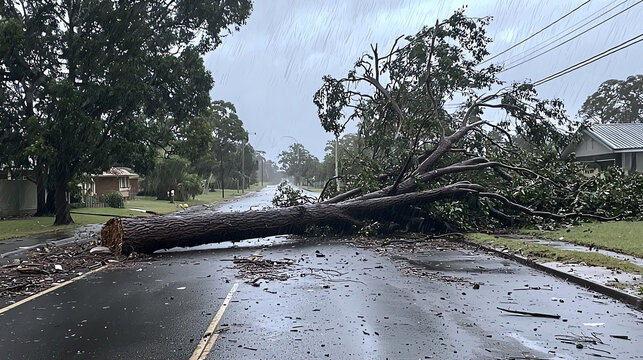 Huge uprooted tree lies across the road after a storm in a suburban area, causing disruption to traffic and access
