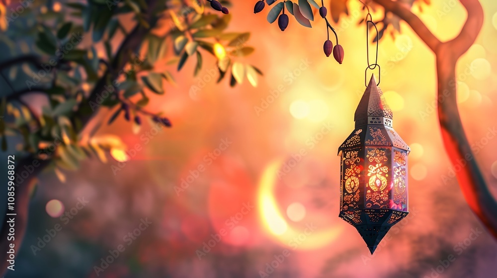 Poster ramadan kareem background with lanterns and dates. 3d rendering
