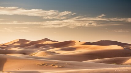Golden Sands of the Desert: Endless undulating dunes under a vast sky, the sun casting a warm, inviting light over the barren landscape.