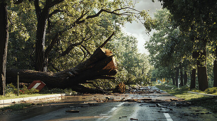 Uprooted tree blocking a road after severe weather in a wooded area