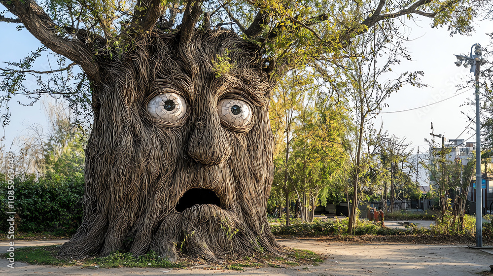 Poster a large tree with a whimsical derp face etched into its trunk standing in a park surrounded by green