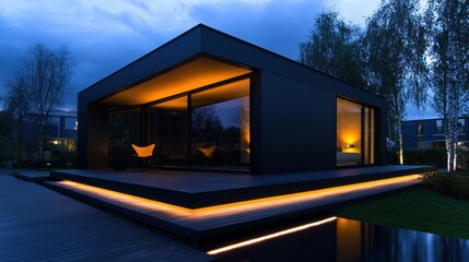A small black house with a white chair and a white bed
