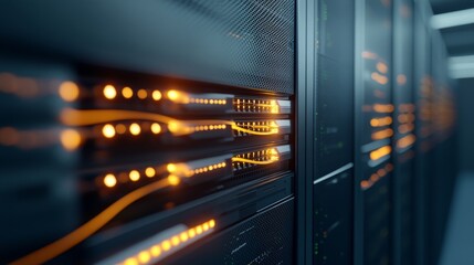 A computer server room with a long hallway filled with rows of servers