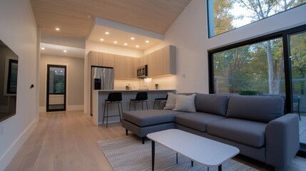 Fototapeta premium A large living room with a white table and a grey couch