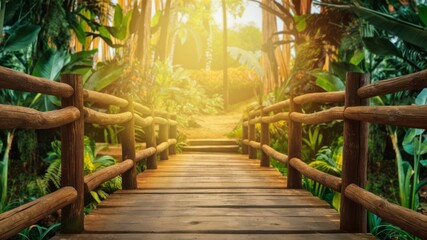 Pathway to Serenity: A wooden bridge beckons the viewer to step into a sun-drenched forest, creating a sense of tranquility and inviting exploration.