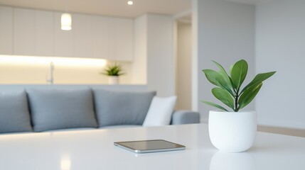 A white table with a tablet and a potted plant on it