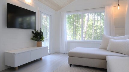 A living room with a white couch and a black flat screen TV