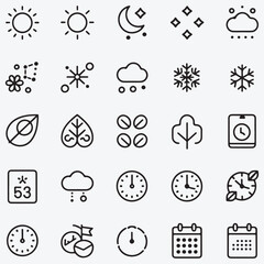 Minimalist Line-Art Weather, Seasons, and Time Icons - Modern Monochrome Design for Apps and Charts
