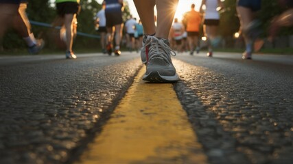 Marathon Runners: A low-angle perspective captures a vibrant marathon scene, the focus on feet pounding the pavement as runners surge forward.