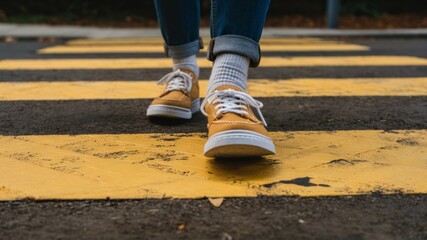 Stepping into Safety: A close-up view captures a person's feet in yellow sneakers navigating a pedestrian crosswalk. It's a study in everyday life.