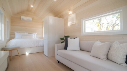 A small, cozy room with a bed, couch, and a small refrigerator