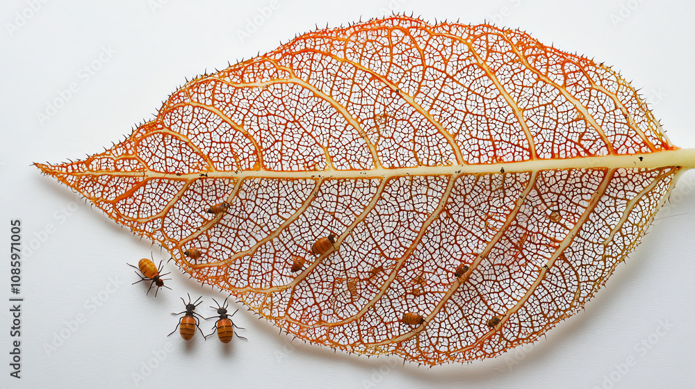 Poster close-up view of a leaf showcasing intricate vein patterns and tiny insects in natural surroundings 