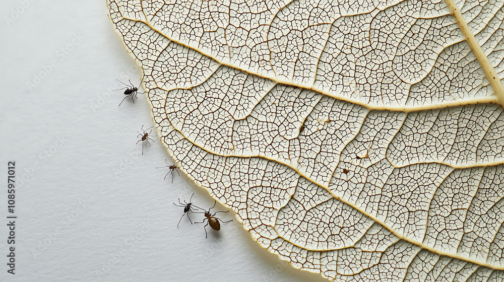 Poster close-up view of a leaf showcasing intricate vein patterns with tiny insects crawling on its surface