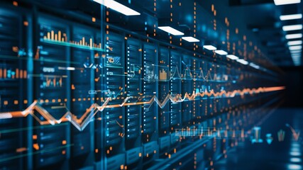 Data Center Highway: An expansive server room or data center, its sleek racks stretching into the distance, illuminated with neon blue light, and overlaid with vibrant data visualizations.