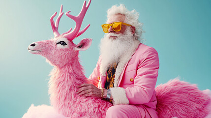 Obraz premium A whimsical elderly man in a vibrant pink suit rides a stylized animal against a pastel blue background, perfect for holiday promotions, fun event posters, and imaginative art.
