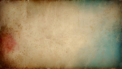 Distressed grunge paper texture background with faded red and blue color accents on the edges, featuring a worn, aged, and creased surface with a dark vignette border.