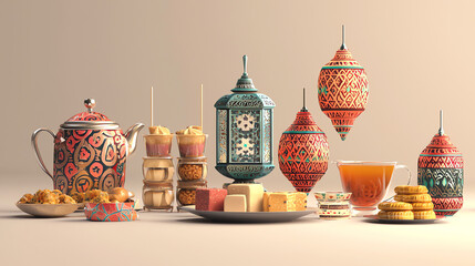 A traditional Lebanese Eid al-Adha celebration featuring decorative lanterns and tea with an assortment of sweets and snacks