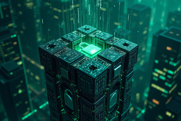 Glowing green cybersecurity cube with digital lock against a matrix-style cityscape 