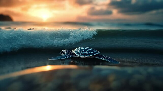 Sunrise Turtle Hatchling: A tiny sea turtle begins its incredible journey into the ocean at sunrise, the waves gently lapping at its shell. A powerful image of new beginnings and the beauty of nature.