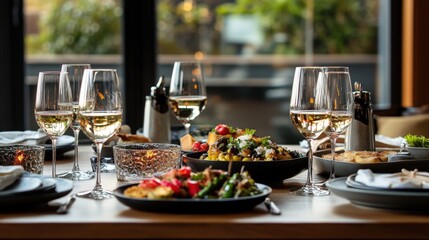 Fototapeta premium A Table Setting with Wine Glasses, Plates, and Food