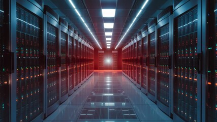 Data Center Corridor: a vast server room or data center, presenting rows of modern server racks with vibrant neon illumination creating a futuristic and dynamic environment.