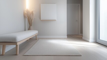 A white room with a white rug and a white bench