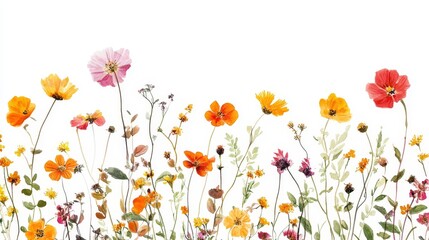 A colorful field of flowers with a white background