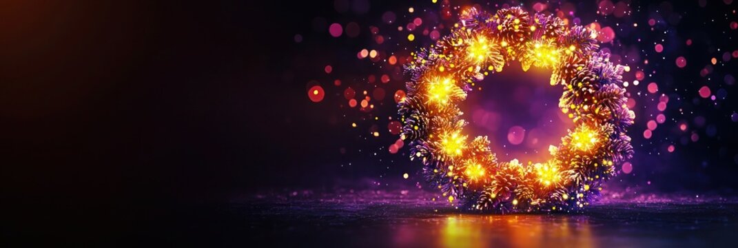 Abstract Christmas wreath with glowing gradients transitioning from bright yellow to deep purple, set on a dark backdrop with a soft light effect, with the words "Let It Snow!" in glowing text style