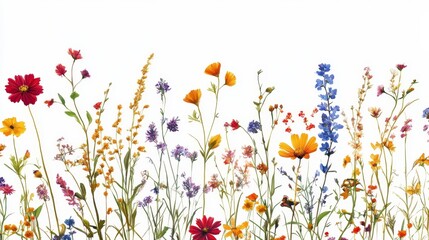 A colorful field of flowers with a white background