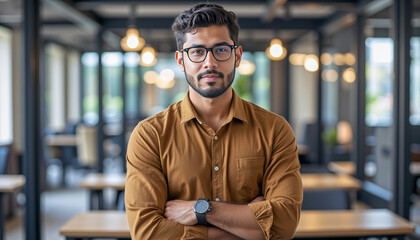 Obraz premium Portrait of a young Indian man wearing glasses and a brown shirt standing in a modern office, crossing his arms over his chest and looking confidently at the camera.